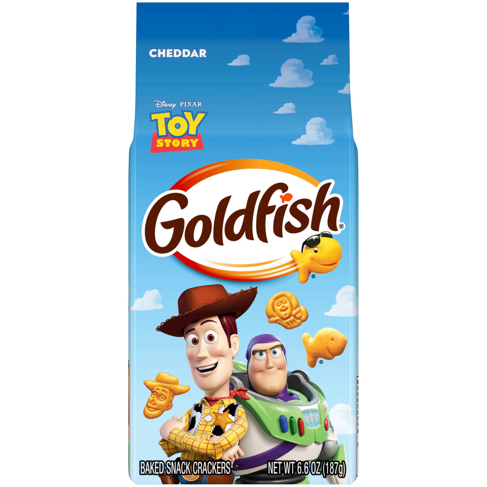 Goldfish Toy Story cheddar crackers bag with fun shapes for kids' snacks.