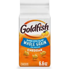 Goldfish whole grain cheddar crackers bag front showing golden baked color