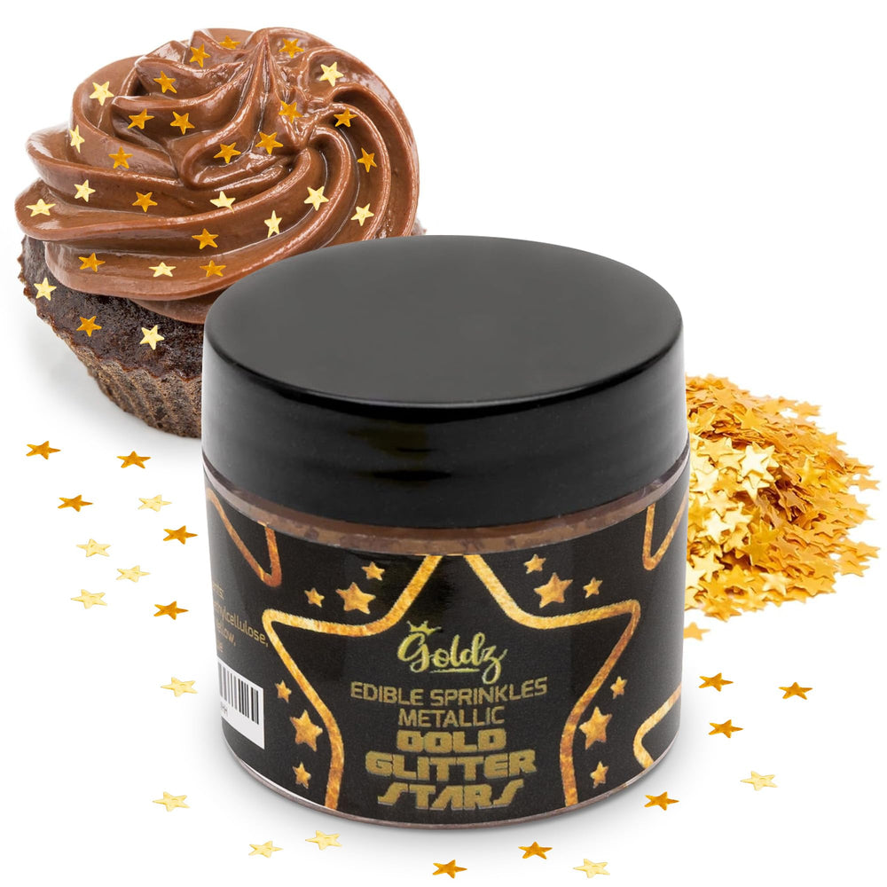 Goldz Edible Star Glitter bottle close-up, shimmering gold flakes for desserts.