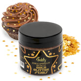 Goldz Edible Star Glitter bottle close-up, shimmering gold flakes for desserts.