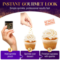 Dust gold flakes on cupcakes for elegant dessert accents.