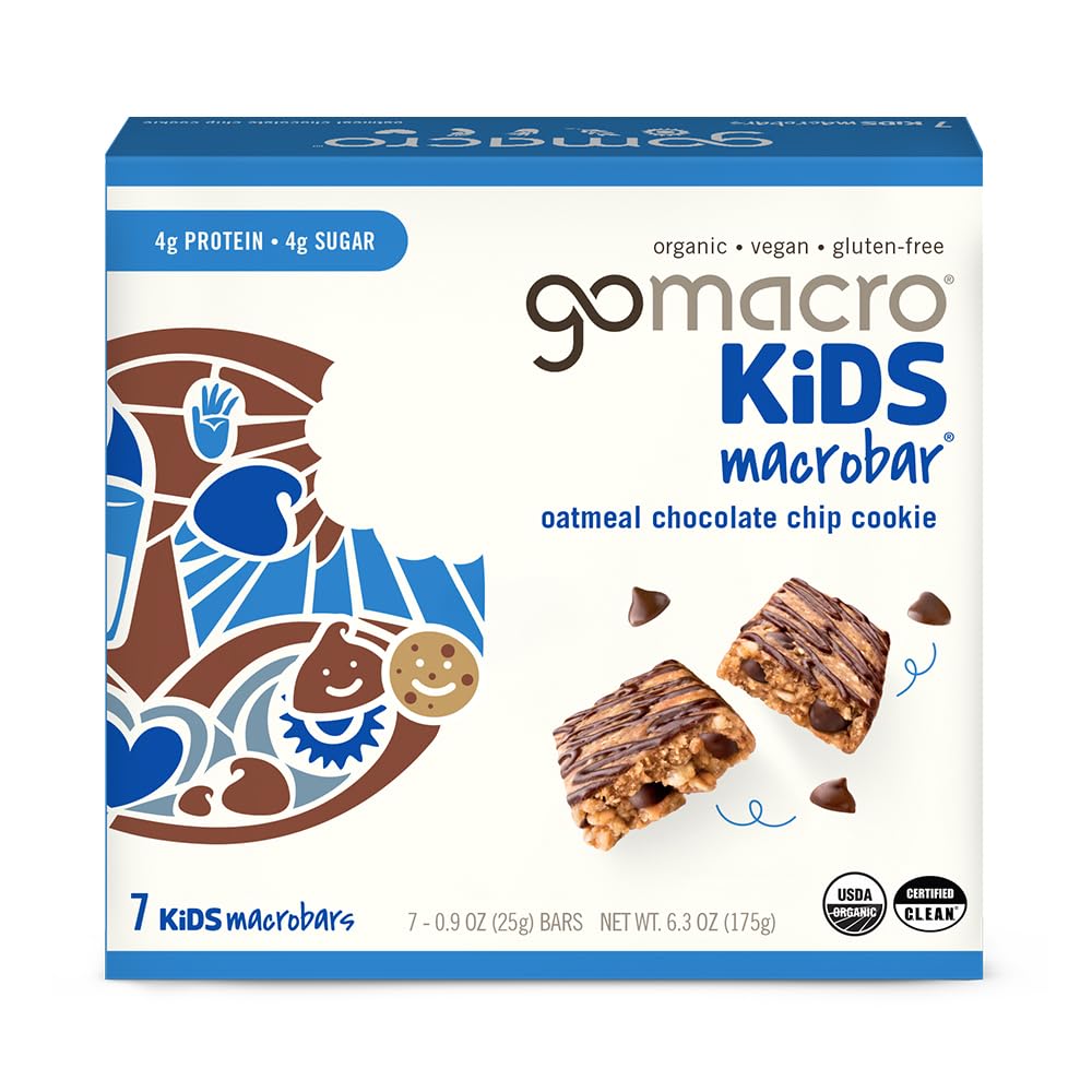 GoMacro Kids MacroBar Oatmeal Chocolate Chip Cookie package front for on-the-go plant-based snacking.