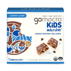 GoMacro Kids MacroBar Oatmeal Chocolate Chip Cookie package front for on-the-go plant-based snacking.
