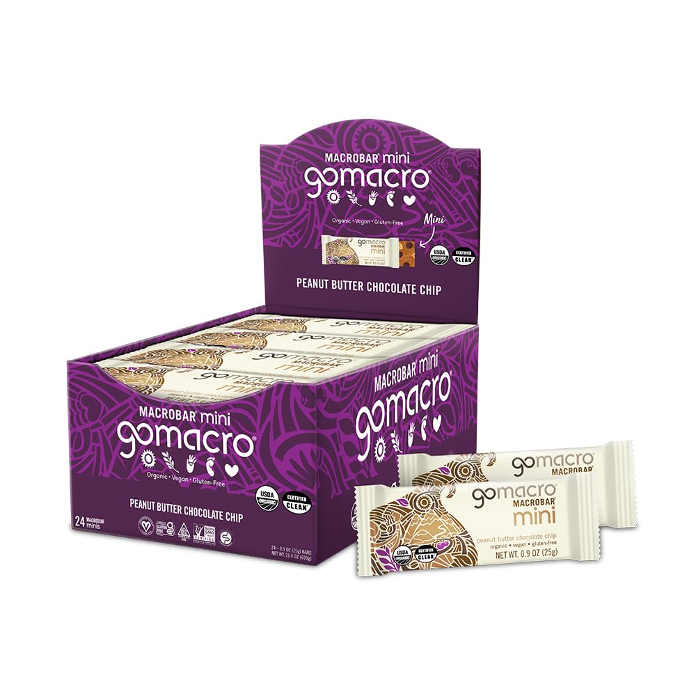 GoMacro MacroBar Mini peanut butter chocolate chip front view, convenient on-the-go energy.