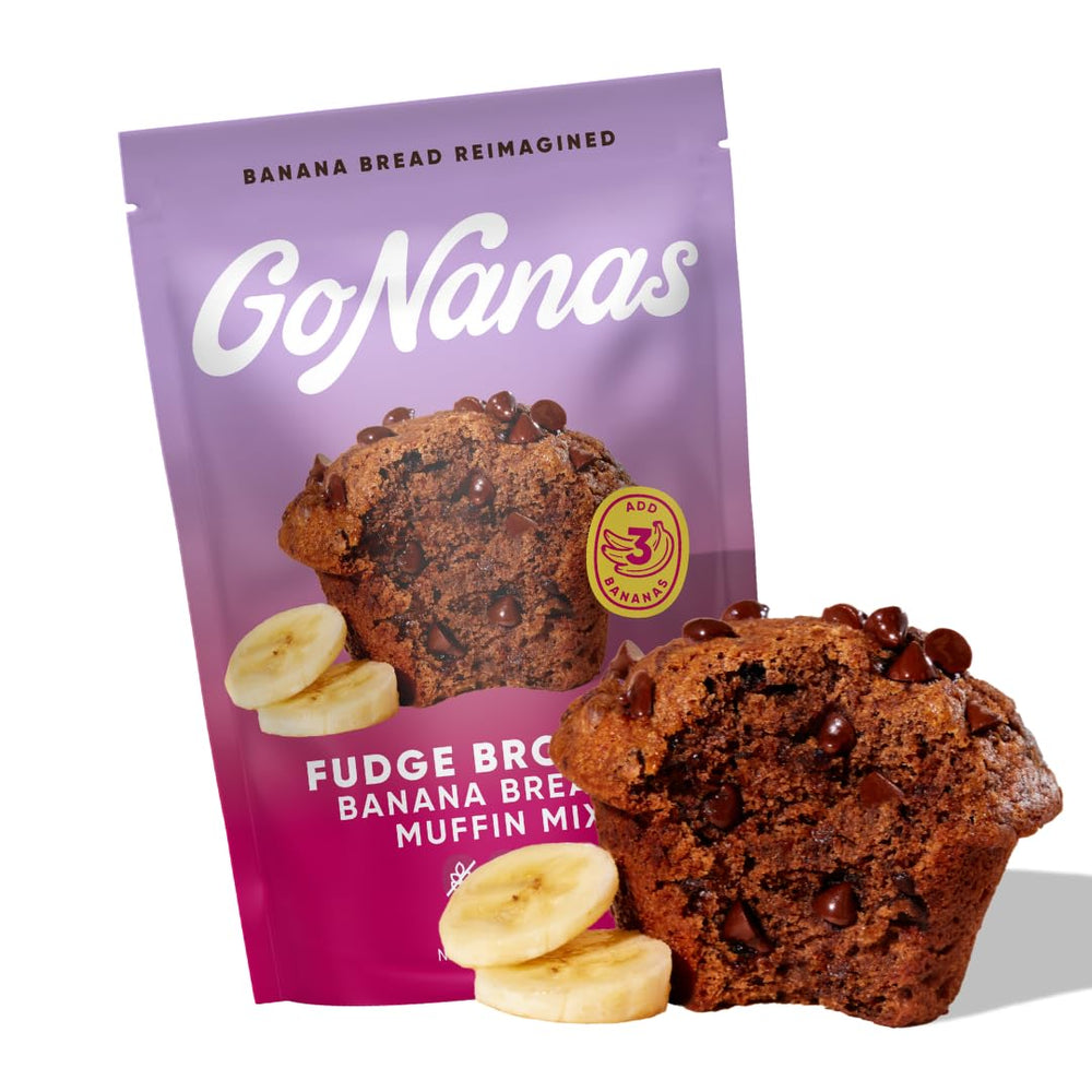 GoNanas Fudge Brownie Oat Flour Banana Bread Mix package showing vegan and gluten-free labeling