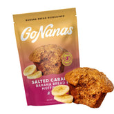 GoNanas Salted Caramel Oat Flour Banana Bread Mix packaging shows gluten-free vegan option.