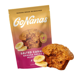 GoNanas Salted Caramel Oat Flour Banana Bread Mix packaging shows gluten-free vegan option.