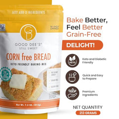 Good Dee's Corn Bread Mix baked loaf served with butter, cozy and comforting.