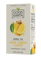 Good Earth Sensorial Blend ginger-turmeric-lemon tea cup with steam releasing aroma