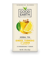 Good Earth Sensorials ginger-turmeric-lemon tea box with bold, citrusy aroma.