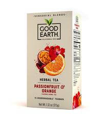Good Earth Sensorials Passionfruit Orange Tea box front showing tropical flavor.