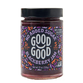 Good Good Blackberry Jam jar close-up shows vibrant fruit color and no added sugar.