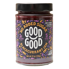 GOOD GOOD Blackcurrant Jam jar on shelf showing no added sugar and rich fruit flavor.