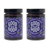 Good Good Blueberry Jam jar on shelf showing bold fruit and no added sugar.