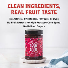 Good Good Cherry Jam bottle on shelf emphasizes gluten-free and vegan friendly claim