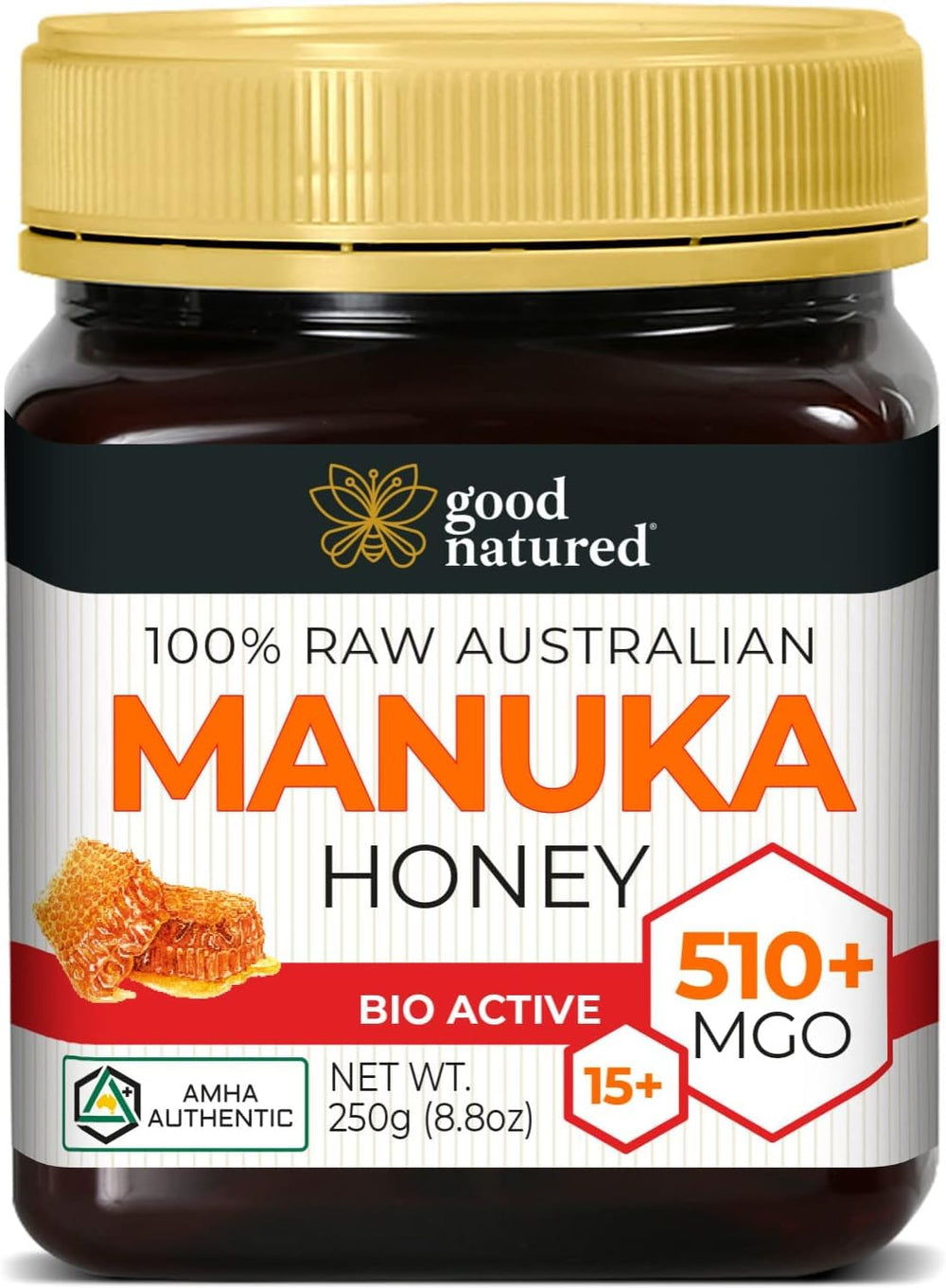 Good Natured Manuka Honey bottle close-up, perfect for daily tea or yogurt.