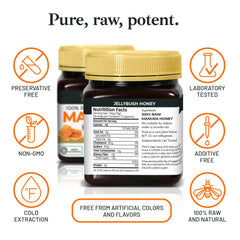 Good Natured Manuka honey jar close-up reveals rich color and thick texture