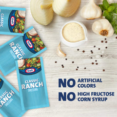Good Seasons Kraft Ranch dressing drizzle over greens highlights classic flavor and texture.