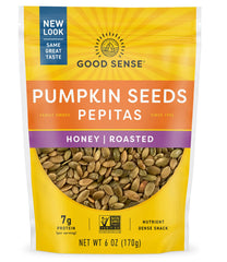 Good Sense honey roasted pumpkin seeds bag front, ideal for on-the-go snacking.