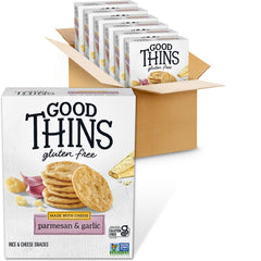 GOOD THINS parmesan garlic rice and cheese snacks front view, gluten-free crackers