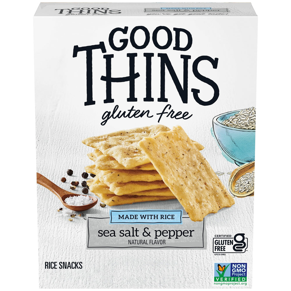 Good Thins sea salt pepper rice snacks in packaging, ideal for on-the-go snacking.