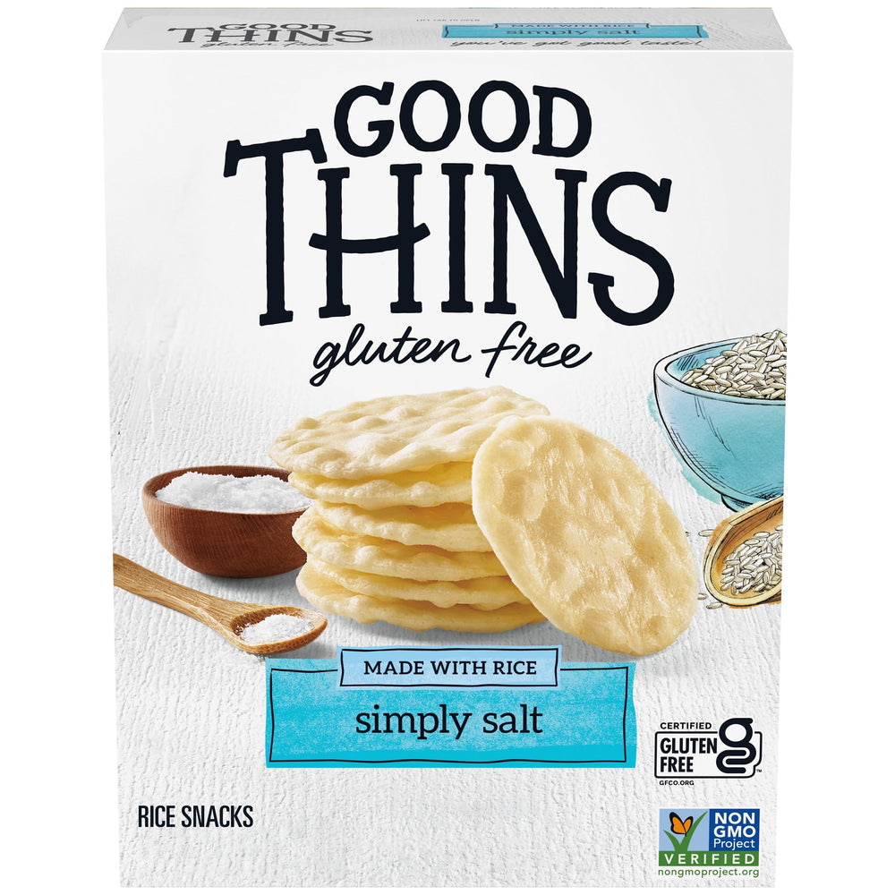 Good Thins Simply Salt Rice Crackers box shown for quick gluten-free snacking
