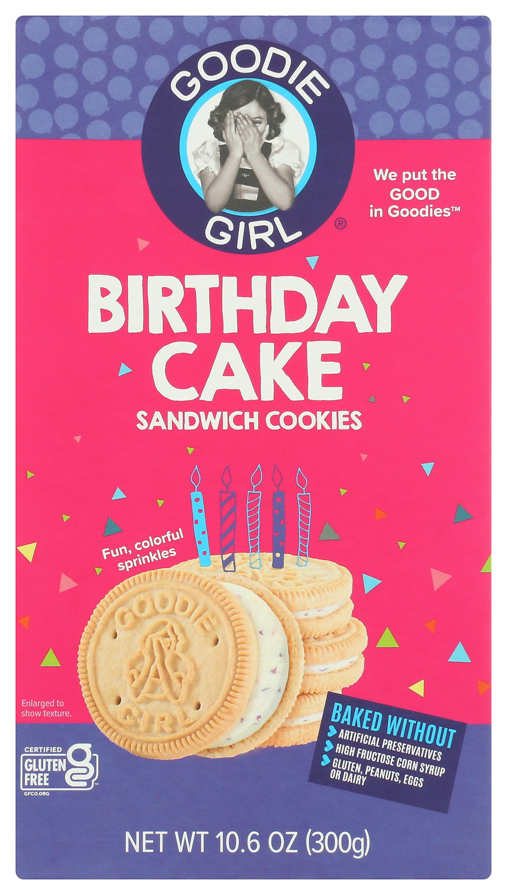 Goodie Girl Cookies Cookie Creme Birthday Cake packaging shows a single 10.6 oz unit for gifting