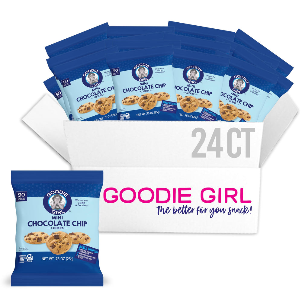 Goodie Girl mini chocolate chip gluten-free cookie snack pack close-up for on-the-go treats.