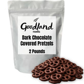 Goodland Farms Dark Chocolate Covered Pretzels bag front, showcasing packaging for sharing and freshness.