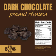 Goodland Farms Dark Chocolate Peanut Clusters closeup highlights glossy coating that melts smoothly.