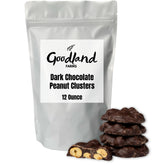 Goodland Farms Dark Chocolate Peanut Clusters pack shot shows a resealable bag for fresh snacking.
