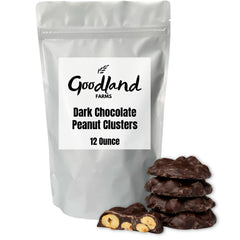 Goodland Farms Dark Chocolate Peanut Clusters pack shot shows a resealable bag for fresh snacking.