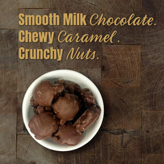 Goodland Farms Milk Chocolate Caramel Nut Clusters: smooth coating over caramel and peanuts, ideal for dessert boards.