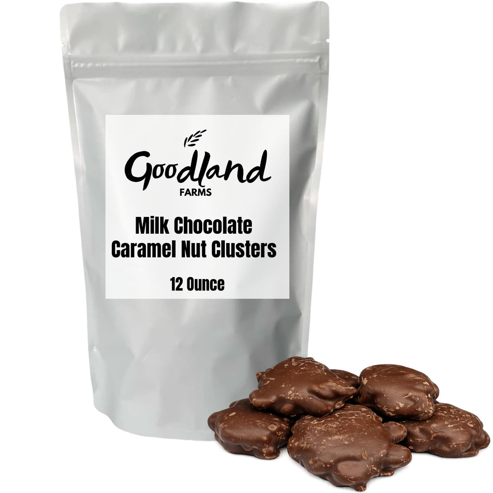 Goodland Farms Peanut Perk clusters: glossy milk chocolate coating, ideal for snacks.