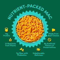 Goodles Cheddy Mac ingredients visible with vegetables and fiber.