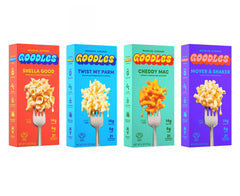 Goodles Mac & Cheese Assortment 4 Pack front view, protein-rich noodles with plant-based nutrients.