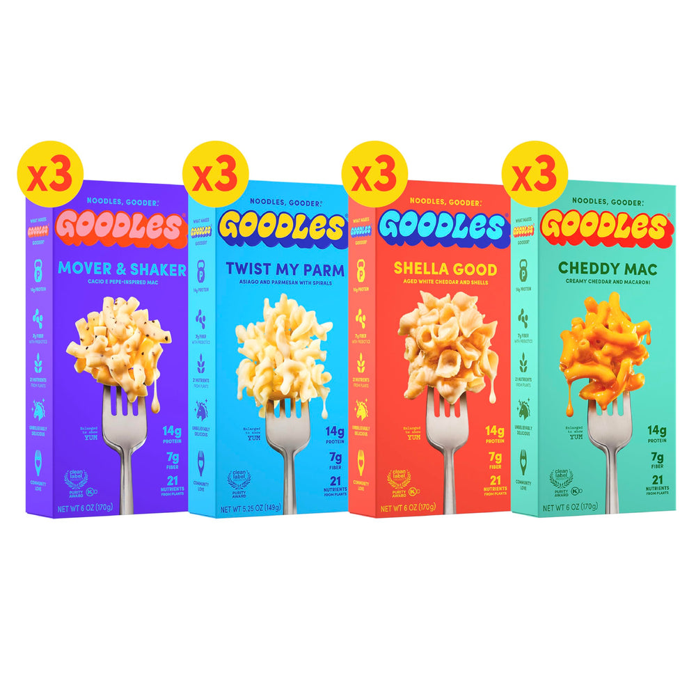 Goodles Mac and Cheese Assortment box front showing four flavors for quick weeknight meals.