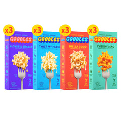 Goodles Mac and Cheese Assortment box front showing four flavors for quick weeknight meals.
