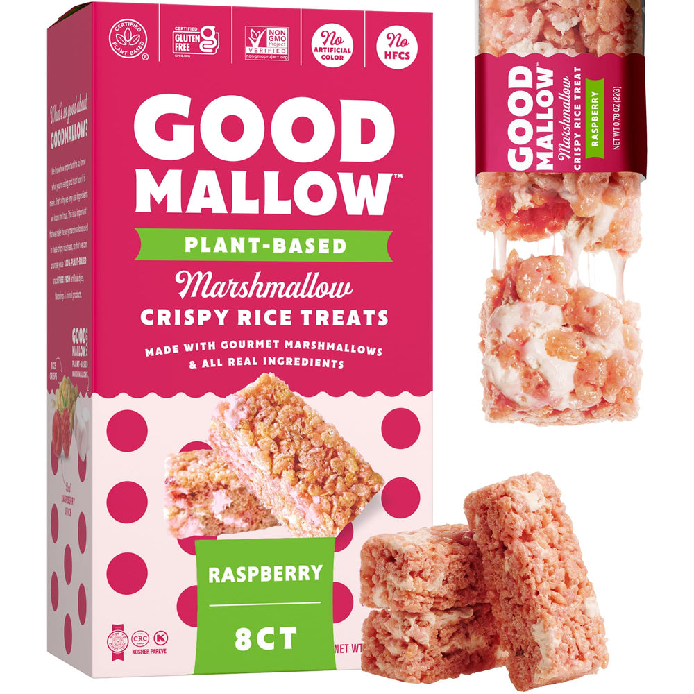 GoodMallow Raspberry vegan rice crispy treats; box-8 for on-the-go snacking.