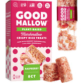 GoodMallow Raspberry vegan rice crispy treats; box-8 for on-the-go snacking.