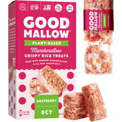 GoodMallow Raspberry vegan rice crispy treats; box-8 for on-the-go snacking.