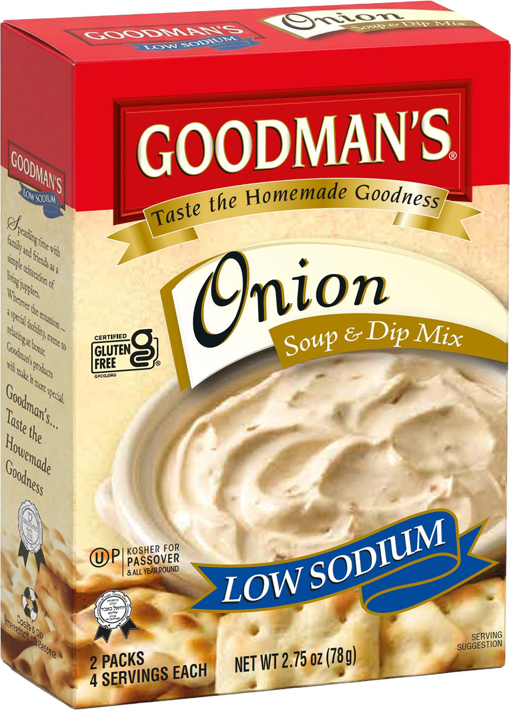Goodman's onion soup mix pack for quick meals with low sodium and gluten-free options.