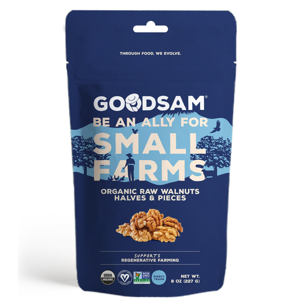 GoodSAM Small Farms organic walnut halves in a pouch, ideal for snacking or salad crunch.