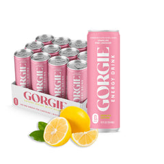GORGIE Pink Lemonade energy drink bottle shows zero sugar and bright citrus energy