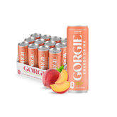 GORGIE Sugar Free Peach energy drink 12-pack packshot promoting a low-calorie caffeine boost.