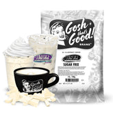 Gosh That's Good sugar-free white velvet chocolate bottle pour highlights a smooth, low-calorie indulgence.