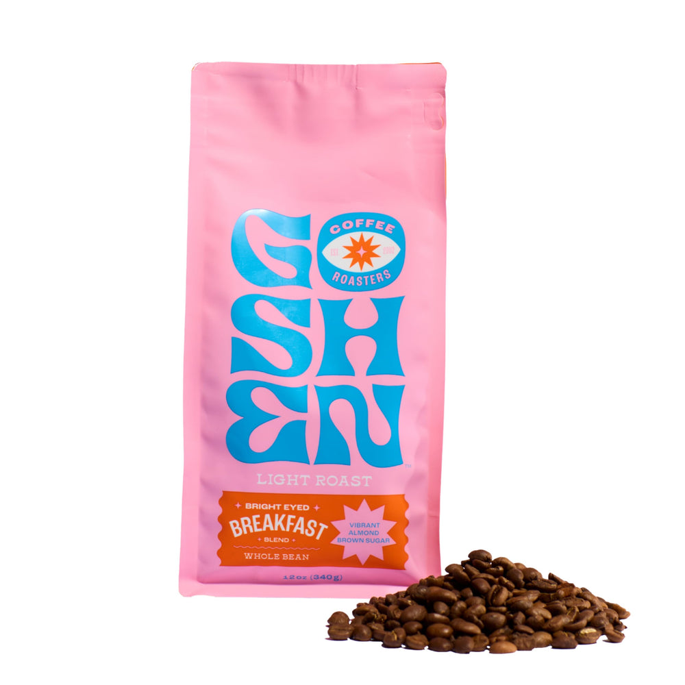 Goshen Bright Eyed whole beans bag shows freshness and aroma.