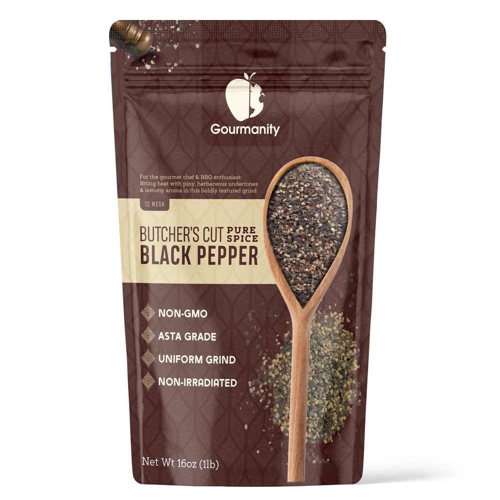 Gourmanity coarse black pepper 12-mesh granules for bold rubs and seasoning blends.
