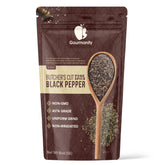 Gourmanity coarse black pepper 12-mesh granules for bold rubs and seasoning blends.