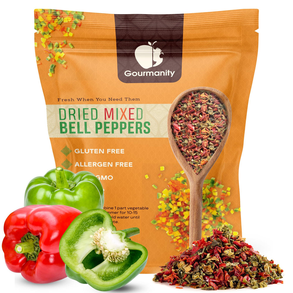 Gourmanity dried peppers mix in resealable bag ready for quick topping